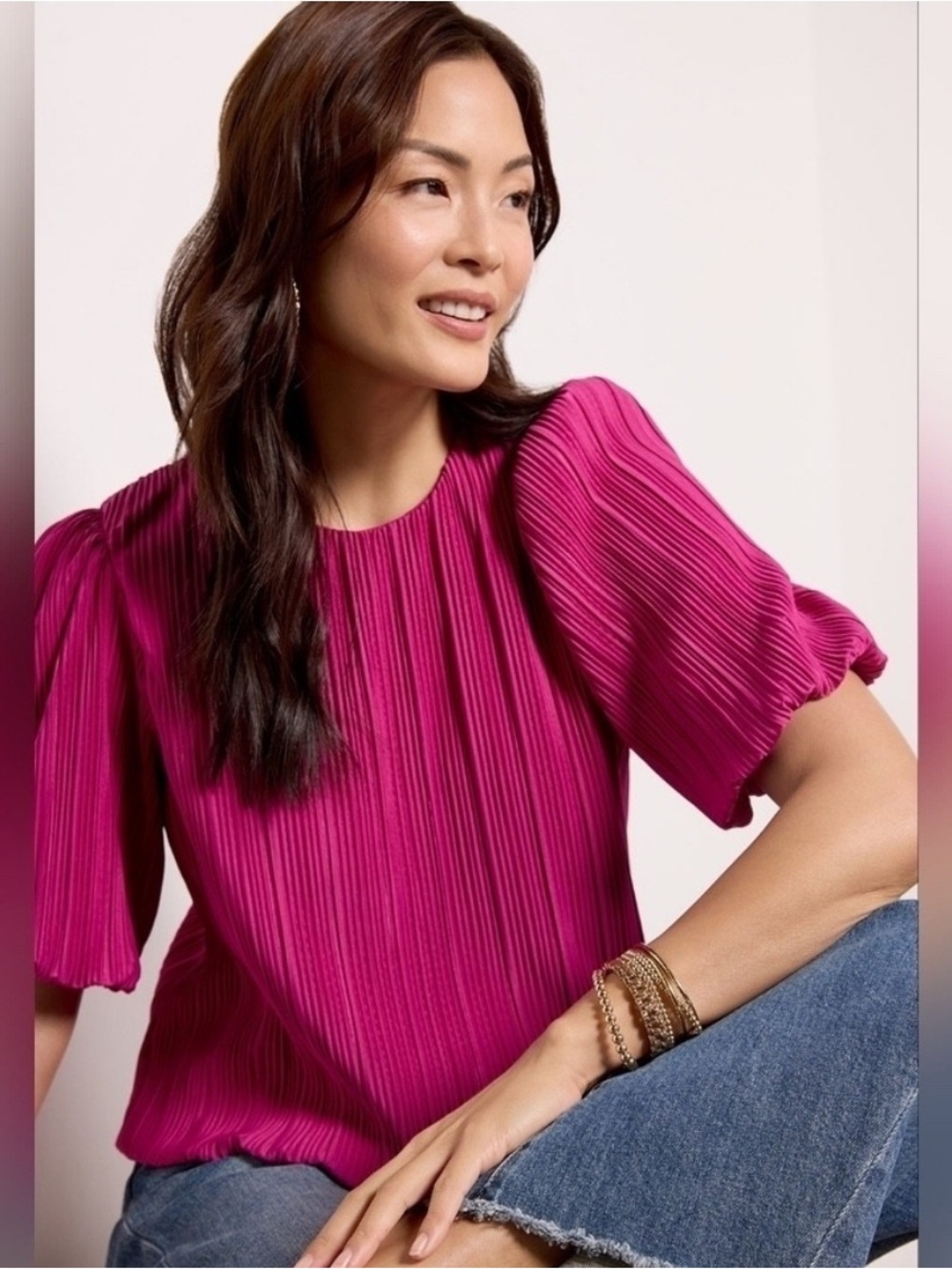 Evereve Pink Pleated Bubble Sleeve & Hem Top Small